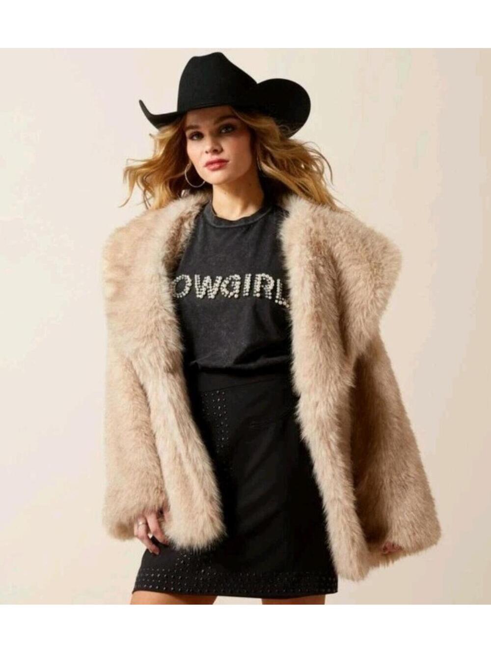 Ariat Country Chic Black Faux Fur Coat - Plush Winter Overcoat Large